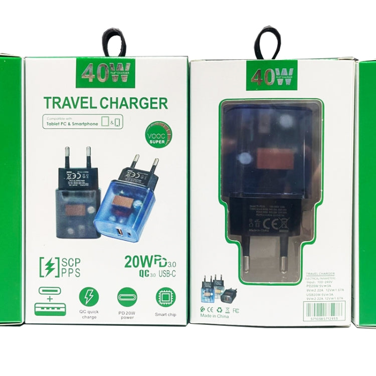 Transparent PD3.0 Type-C + QC3.0 USB Mobile Phone Charger, EU Plug(Transparent) - USB Charger by buy2fix | Online Shopping UK | buy2fix