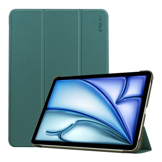 For iPad Air 13 2026 / 2025 / 2024 ENKAY Tri-fold Custer Texture Plastic Leather Smart Tablet Case(Dark Green)