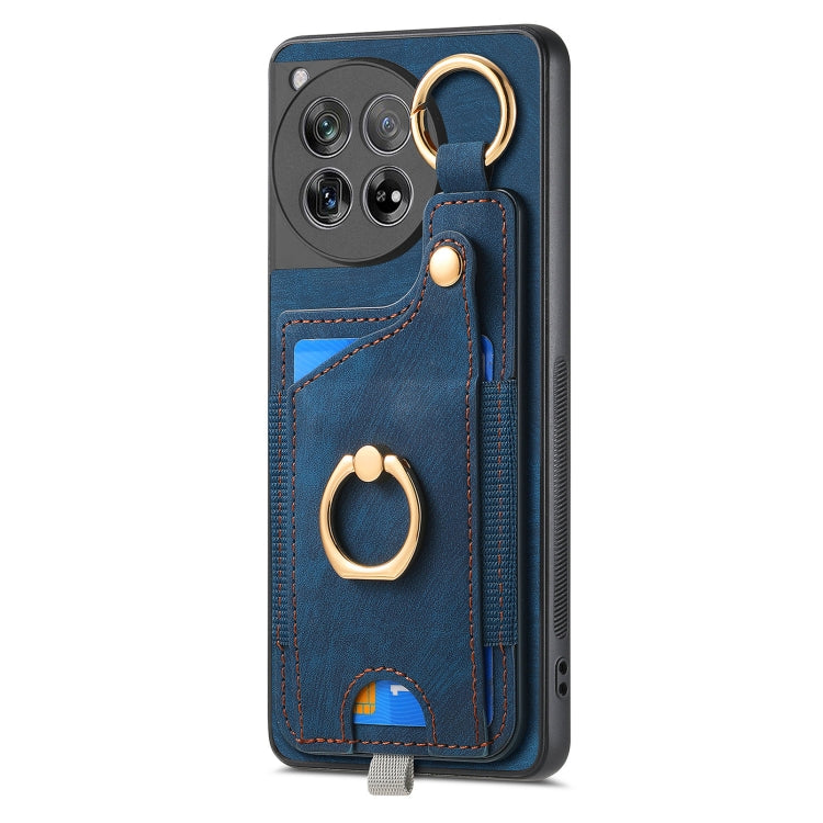 For OnePlus 12 5G Retro Skin-feel Ring Card Bag Phone Case with Hang Loop(Blue) - OnePlus Cases by buy2fix | Online Shopping UK | buy2fix