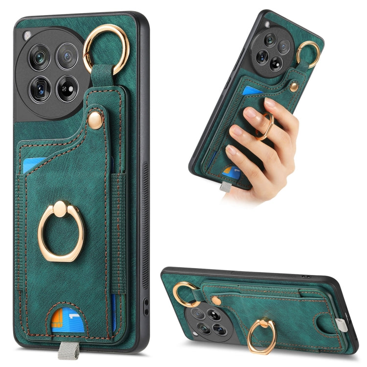 For OnePlus 12 5G Retro Skin-feel Ring Card Bag Phone Case with Hang Loop(Green) - OnePlus Cases by buy2fix | Online Shopping UK | buy2fix