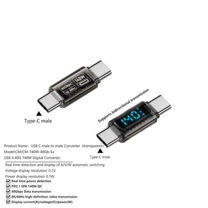 Type-C Male to Type-C Male 40Gbps Data Transmission PD140W Digital Display Adapter(Transparent Black) - OTG Adapter by buy2fix | Online Shopping UK | buy2fix