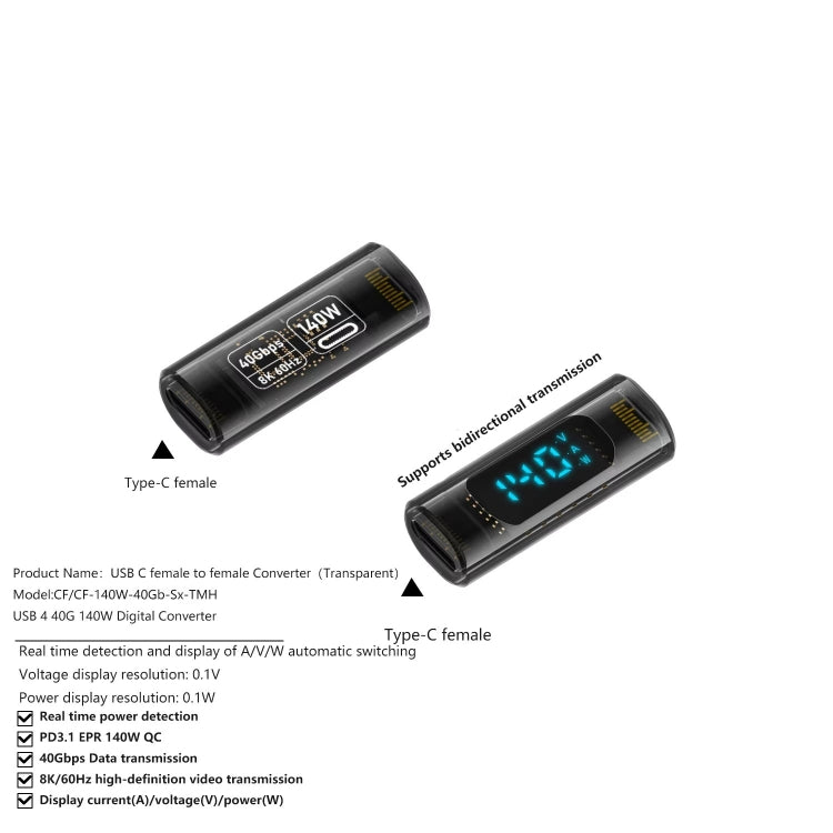 Type-C Female to Type-C Female 40Gbps Data Transmission PD140W Digital Display Adapter(Transparent Black) - OTG Adapter by buy2fix | Online Shopping UK | buy2fix