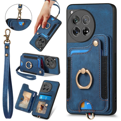 For OnePlus 12 5G Retro Skin-feel Ring Multi-card RFID Wallet Phone Case(Blue) - OnePlus Cases by buy2fix | Online Shopping UK | buy2fix