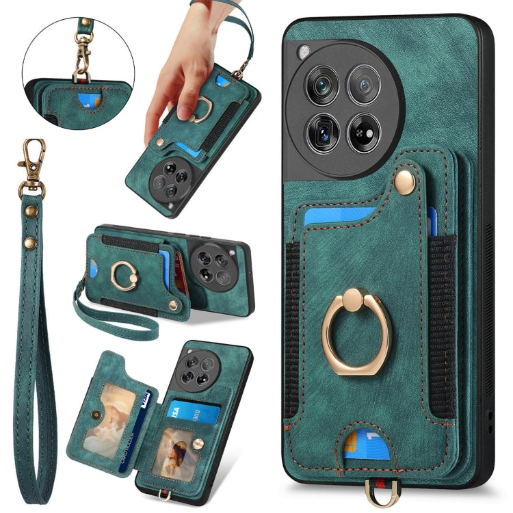 For OnePlus 12 5G Retro Skin-feel Ring Multi-card RFID Wallet Phone Case(Green) - OnePlus Cases by buy2fix | Online Shopping UK | buy2fix