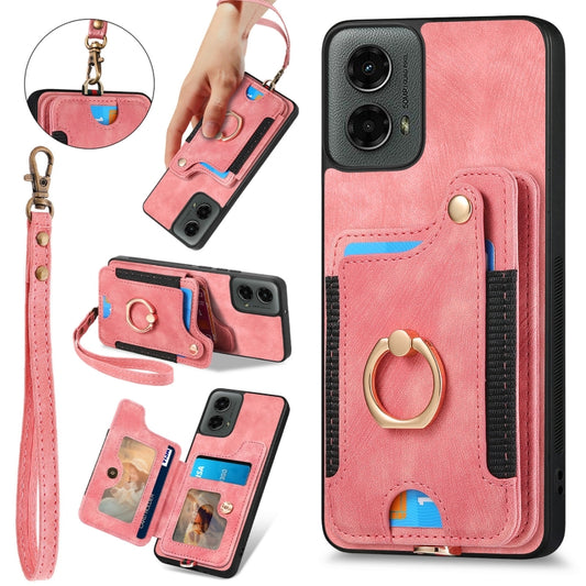 For Motorola Moto G 2024 Retro Skin-feel Ring Multi-card RFID Wallet Phone Case(Pink) - Motorola Cases by buy2fix | Online Shopping UK | buy2fix