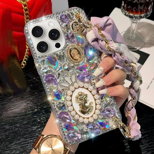 For iPhone 15 Pro Handmade Diamond Purple Gemstone Scarf Bracelet PC Phone Case(White) - iPhone 15 Pro Cases by buy2fix | Online Shopping UK | buy2fix