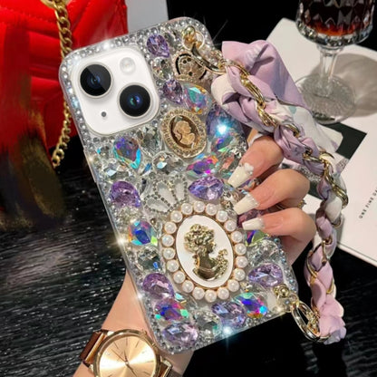 For iPhone 15 Plus Handmade Diamond Purple Gemstone Scarf Bracelet PC Phone Case(White) - iPhone 15 Plus Cases by buy2fix | Online Shopping UK | buy2fix