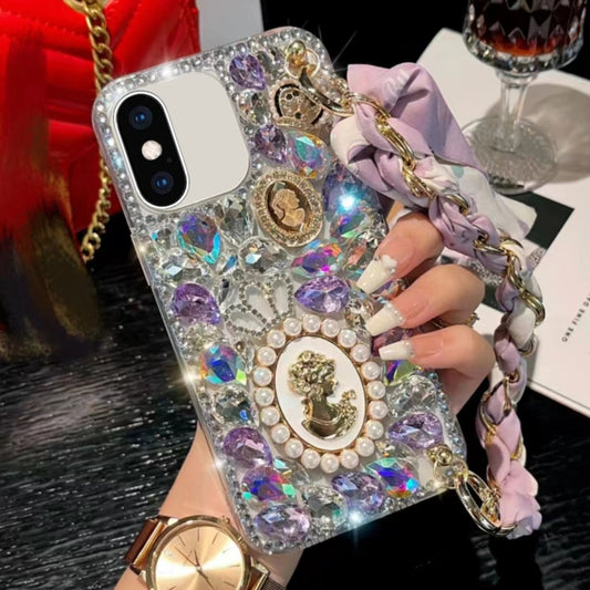 For iPhone X / XS Handmade Diamond Purple Gemstone Scarf Bracelet PC Phone Case(White) - More iPhone Cases by buy2fix | Online Shopping UK | buy2fix
