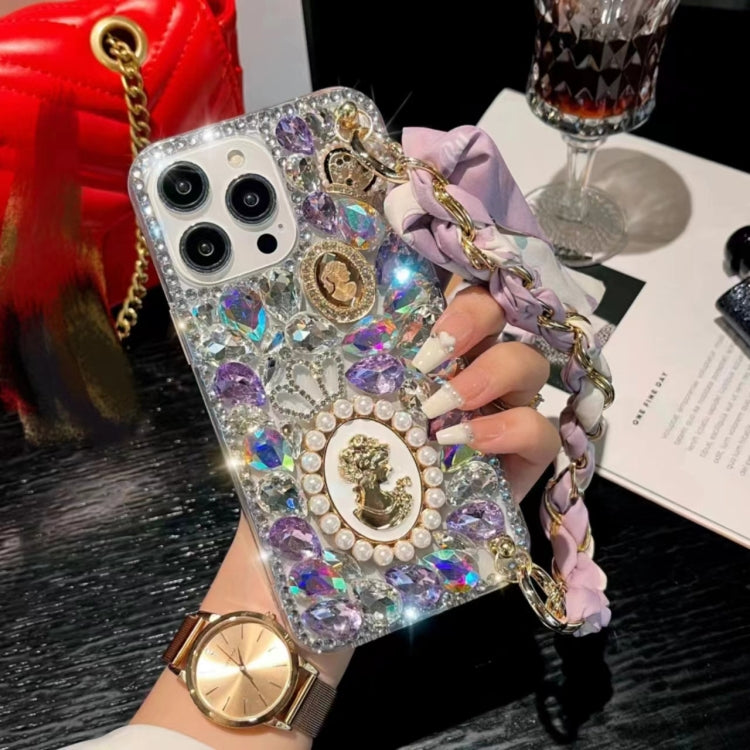 For iPhone 16 Handmade Diamond Purple Gemstone Scarf Bracelet PC Phone Case(White) - iPhone 16 Cases by buy2fix | Online Shopping UK | buy2fix