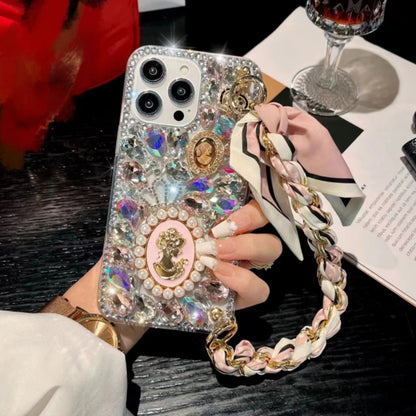 For iPhone 16 Pro Max Handmade Diamond Purple Gemstone Scarf Bracelet PC Phone Case(Pink) - iPhone 16 Pro Max Cases by buy2fix | Online Shopping UK | buy2fix