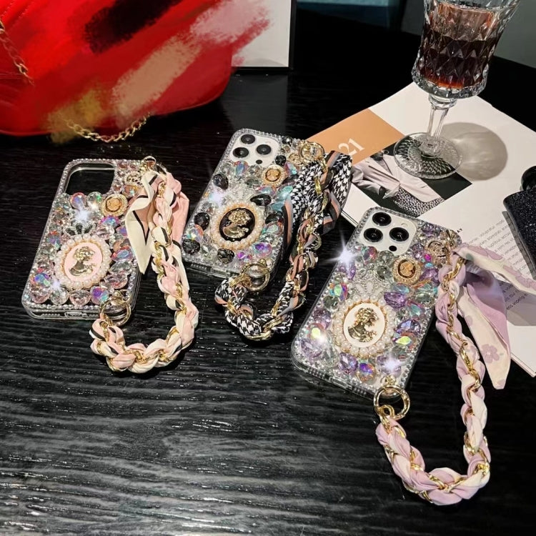 For iPhone 15 Plus Handmade Diamond Purple Gemstone Scarf Bracelet PC Phone Case(Pink) - iPhone 15 Plus Cases by buy2fix | Online Shopping UK | buy2fix