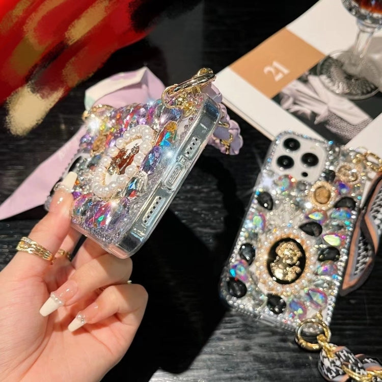 For iPhone 14 Plus Handmade Diamond Purple Gemstone Scarf Bracelet PC Phone Case(Pink) - iPhone 14 Plus Cases by buy2fix | Online Shopping UK | buy2fix