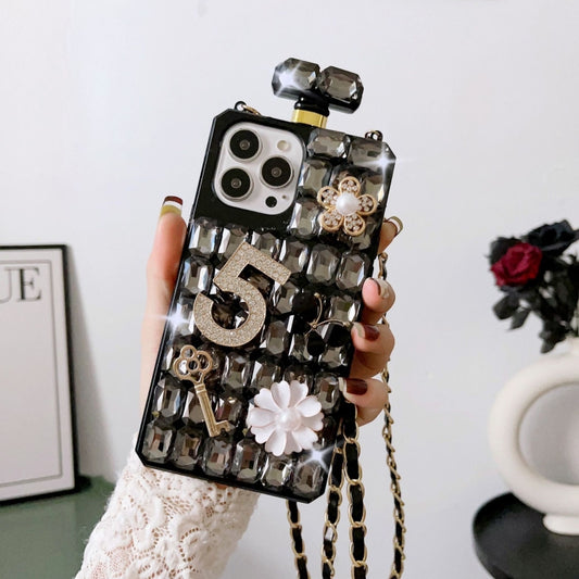 For iPhone 15 Pro Max Crossbody Perfume Bottle Handmade Inlaid Diamond PC Phone Case(Black) - iPhone 15 Pro Max Cases by buy2fix | Online Shopping UK | buy2fix