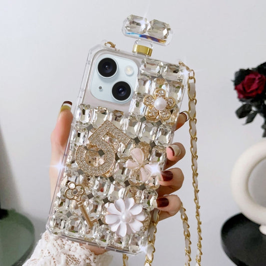 For iPhone 15 Plus Crossbody Perfume Bottle Handmade Inlaid Diamond PC Phone Case(White) - iPhone 15 Plus Cases by buy2fix | Online Shopping UK | buy2fix