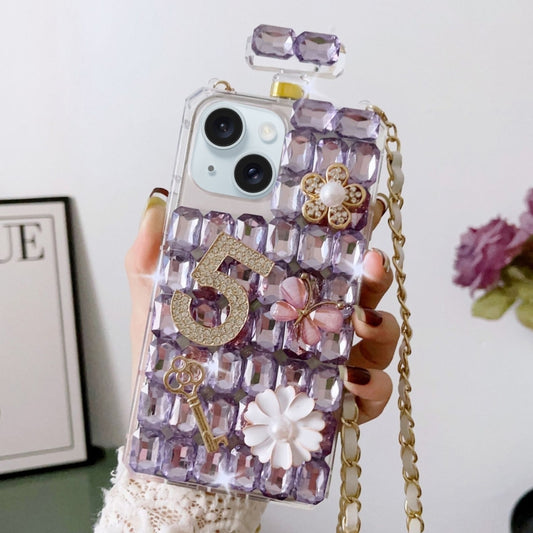 For iPhone 15 Crossbody Perfume Bottle Handmade Inlaid Diamond PC Phone Case(Purple) - iPhone 15 Cases by buy2fix | Online Shopping UK | buy2fix