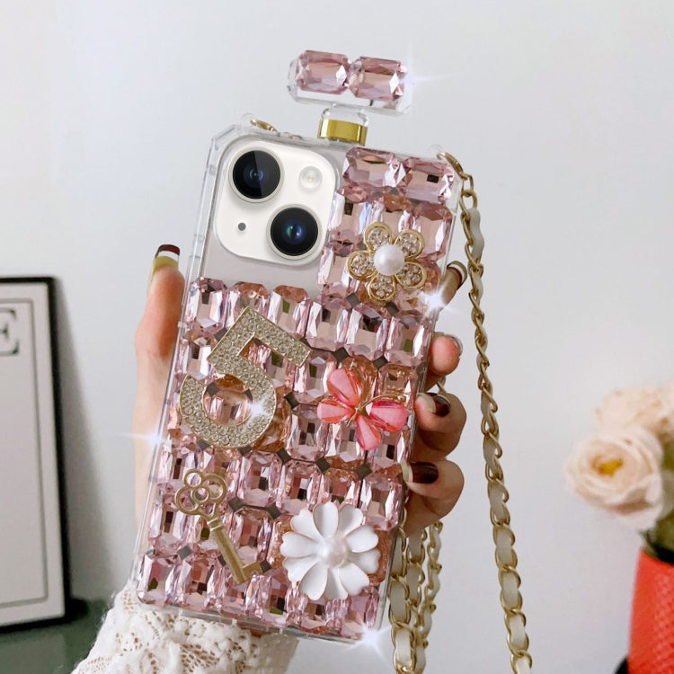 For iPhone 14 Plus Crossbody Perfume Bottle Handmade Inlaid Diamond PC Phone Case(Pink) - iPhone 14 Plus Cases by buy2fix | Online Shopping UK | buy2fix