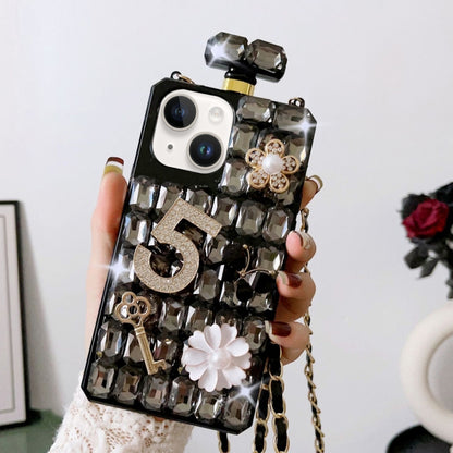 For iPhone 13 mini Crossbody Perfume Bottle Handmade Inlaid Diamond PC Phone Case(Black) - iPhone 13 mini Cases by buy2fix | Online Shopping UK | buy2fix