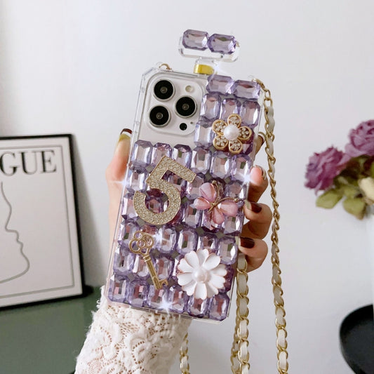 For iPhone 12 Pro Max Crossbody Perfume Bottle Handmade Inlaid Diamond PC Phone Case(Purple) - iPhone 12 Pro Max Cases by buy2fix | Online Shopping UK | buy2fix