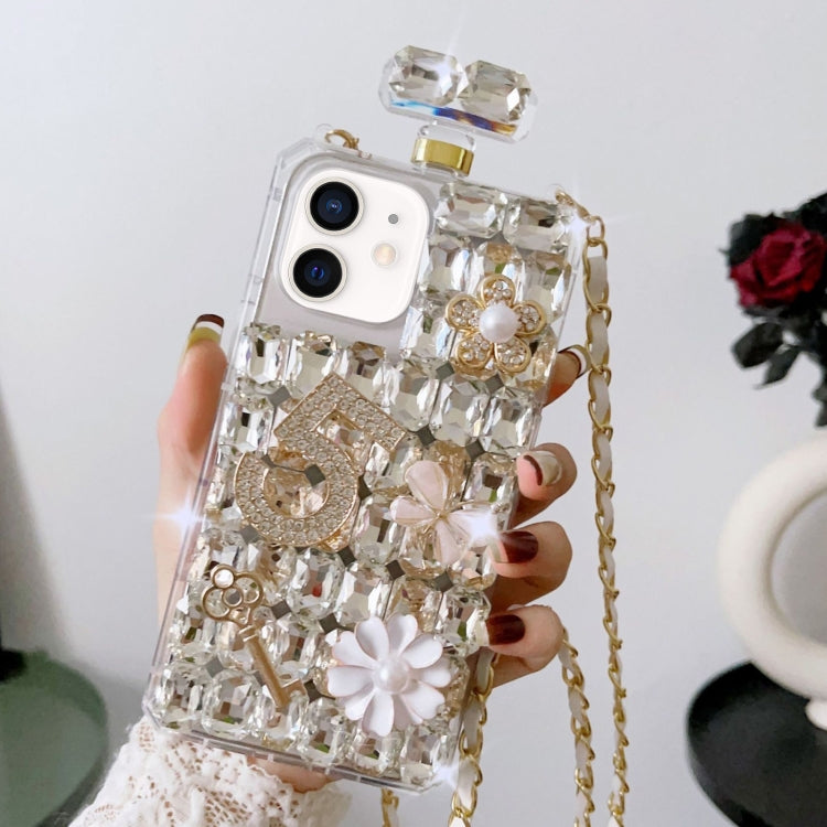 For iPhone 12 mini Crossbody Perfume Bottle Handmade Inlaid Diamond PC Phone Case(White) - iPhone 12 mini Cases by buy2fix | Online Shopping UK | buy2fix