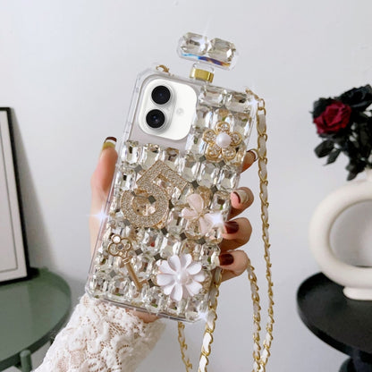 For iPhone 16 Crossbody Perfume Bottle Handmade Inlaid Diamond PC Phone Case(White) - iPhone 16 Cases by buy2fix | Online Shopping UK | buy2fix