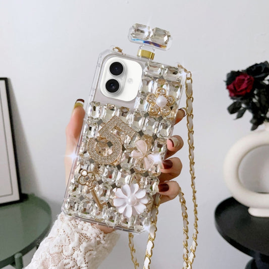 For iPhone 16 Crossbody Perfume Bottle Handmade Inlaid Diamond PC Phone Case(White) - iPhone 16 Cases by buy2fix | Online Shopping UK | buy2fix