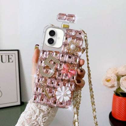 For iPhone 16 Crossbody Perfume Bottle Handmade Inlaid Diamond PC Phone Case(Pink) - iPhone 16 Cases by buy2fix | Online Shopping UK | buy2fix