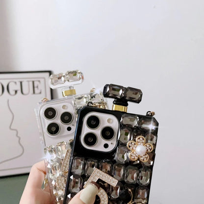 For iPhone 14 Plus Crossbody Perfume Bottle Handmade Inlaid Diamond PC Phone Case(White) - iPhone 14 Plus Cases by buy2fix | Online Shopping UK | buy2fix