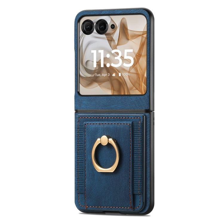 For Motorola Razr 50 Ultra Retro Skin-feel Ring Card Bag Phone Case(Blue) by buy2fix