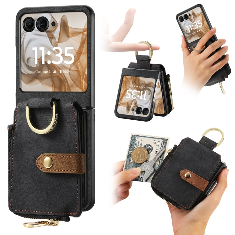 For Motorola Razr 50 Retro Ring Vertical Zipper Wallet Phone Case(Black) by buy2fix