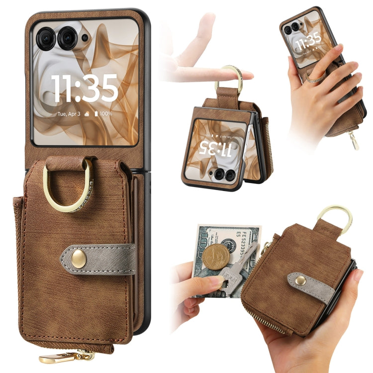 For Motorola Razr 50 Retro Ring Vertical Zipper Wallet Phone Case(Brown) by buy2fix