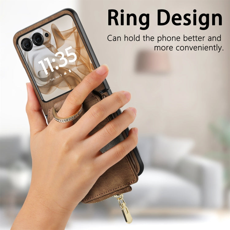 For Motorola Razr 50 Retro Ring Vertical Zipper Wallet Phone Case(Brown) by buy2fix