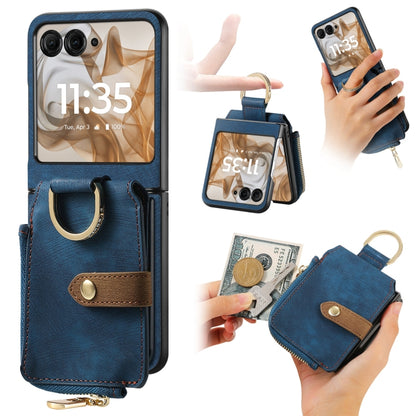 For Motorola Razr 50 Retro Ring Vertical Zipper Wallet Phone Case(Blue) by buy2fix