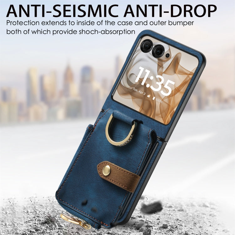 For Motorola Razr 50 Retro Ring Vertical Zipper Wallet Phone Case(Blue) by buy2fix