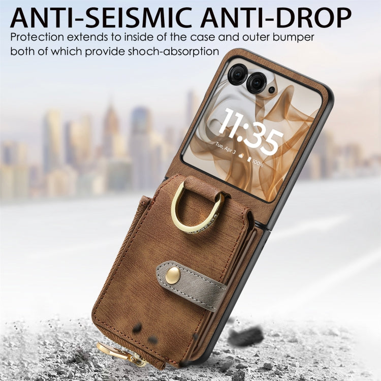 For Motorola Razr 50 Ultra Retro Ring Vertical Zipper Wallet Phone Case(Brown) by buy2fix