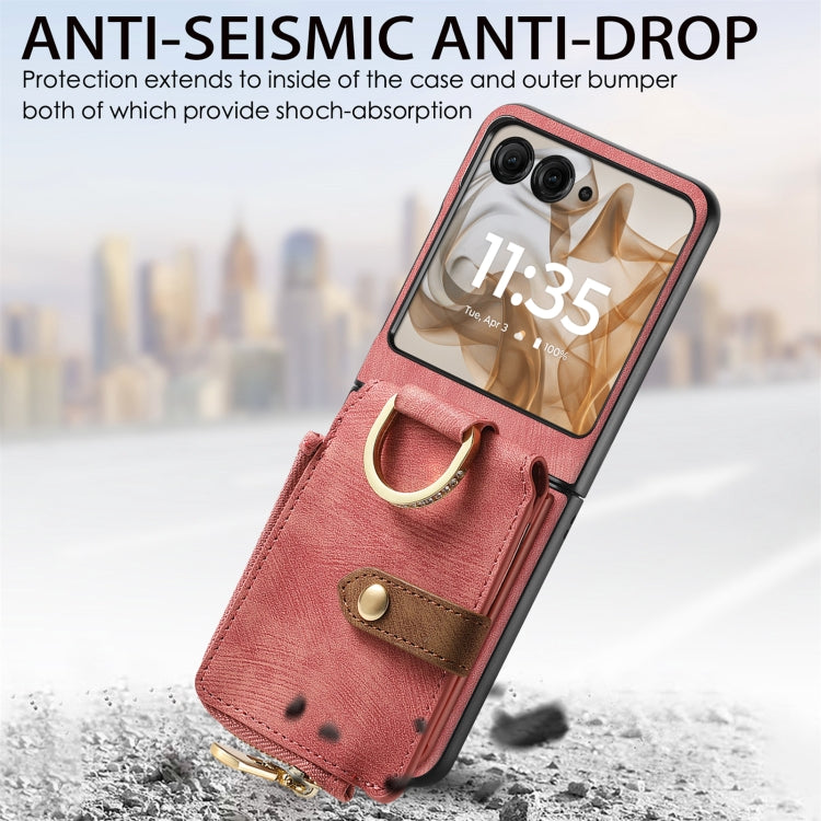 For Motorola Razr 50 Ultra Retro Ring Vertical Zipper Wallet Phone Case(Pink) by buy2fix