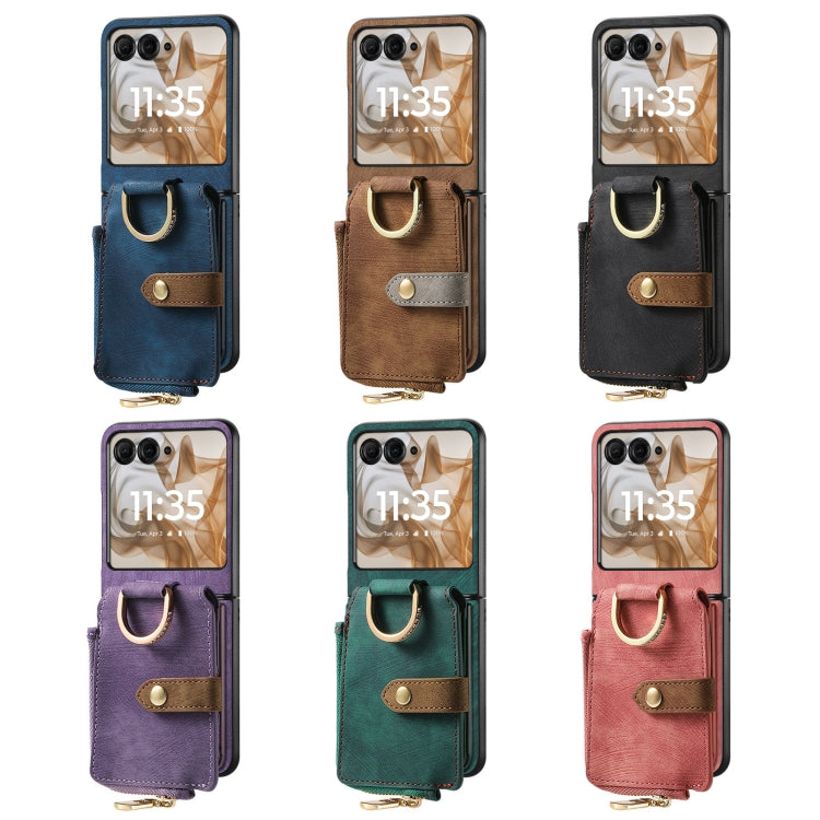 For Motorola Razr 50 Retro Ring Vertical Zipper Wallet Phone Case(Brown) by buy2fix