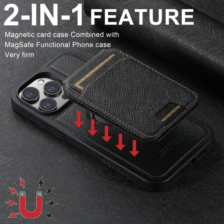 For iPhone 15 Pro Max Suteni M2 Cross-Grain MagSafe Vertical Card Back Phone Case(Black) - iPhone 15 Pro Max Cases by Suteni | Online Shopping UK | buy2fix