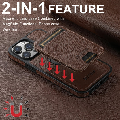 For iPhone 15 Suteni M2 Cross-Grain MagSafe Vertical Card Back Phone Case(Brown) - iPhone 15 Cases by Suteni | Online Shopping UK | buy2fix