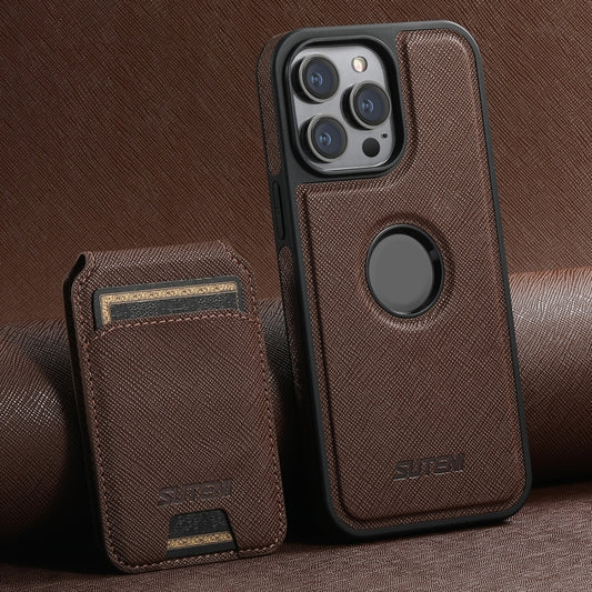 For iPhone 14 Pro Max Suteni M2 Cross-Grain MagSafe Vertical Card Back Phone Case(Brown) - iPhone 14 Pro Max Cases by Suteni | Online Shopping UK | buy2fix