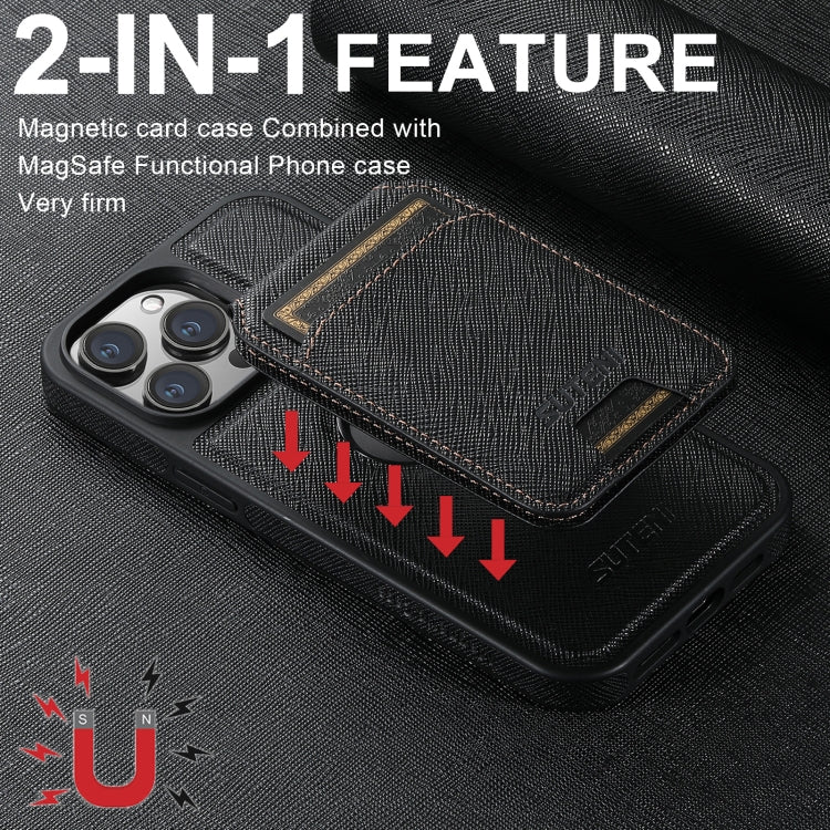 For iPhone 14 Pro Suteni M2 Cross-Grain MagSafe Vertical Card Back Phone Case(Black) - iPhone 14 Pro Cases by Suteni | Online Shopping UK | buy2fix