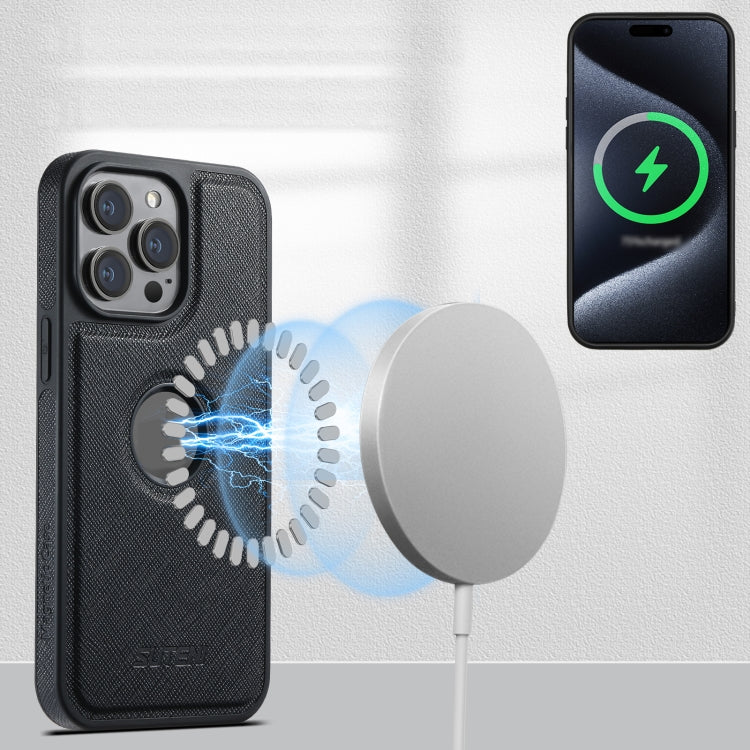 For iPhone 14 Pro Suteni M2 Cross-Grain MagSafe Vertical Card Back Phone Case(Black) - iPhone 14 Pro Cases by Suteni | Online Shopping UK | buy2fix