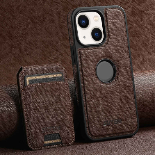 For iPhone 14 Suteni M2 Cross-Grain MagSafe Vertical Card Back Phone Case(Brown) - iPhone 14 Cases by Suteni | Online Shopping UK | buy2fix