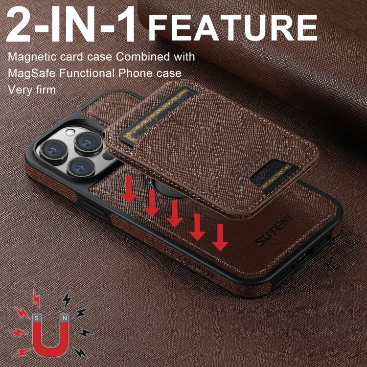 For iPhone 14 Suteni M2 Cross-Grain MagSafe Vertical Card Back Phone Case(Brown) - iPhone 14 Cases by Suteni | Online Shopping UK | buy2fix