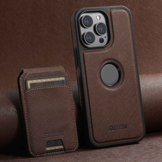 For iPhone 13 Pro Max Suteni M2 Cross-Grain MagSafe Vertical Card Back Phone Case(Brown) - iPhone 13 Pro Max Cases by Suteni | Online Shopping UK | buy2fix
