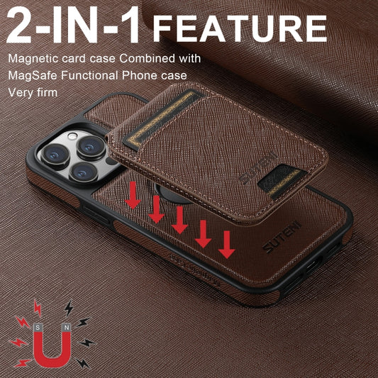 For iPhone 13 Pro Max Suteni M2 Cross-Grain MagSafe Vertical Card Back Phone Case(Brown) by Suteni