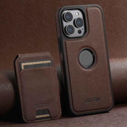 For iPhone 12 Pro Suteni M2 Cross-Grain MagSafe Vertical Card Back Phone Case(Brown) - iPhone 12 / 12 Pro Cases by Suteni | Online Shopping UK | buy2fix