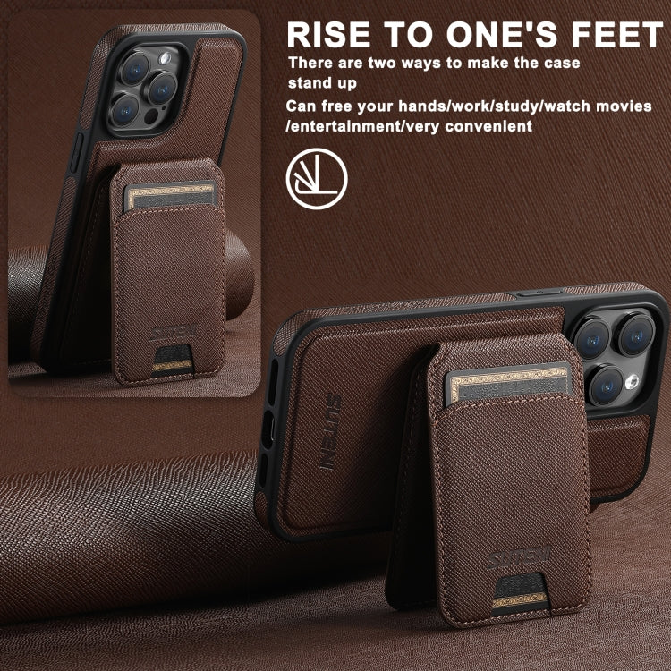 For iPhone 12 Suteni M2 Cross-Grain MagSafe Vertical Card Back Phone Case(Brown) - iPhone 12 / 12 Pro Cases by Suteni | Online Shopping UK | buy2fix