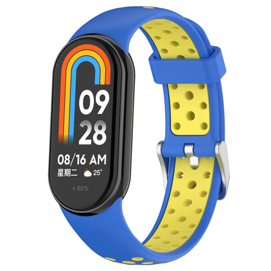 For Xiaomi Smart Band 11 / 10 / 9 / 8 Holes Style Metal Connector Two Color Silicone Watch Band(Blue Yellow)
