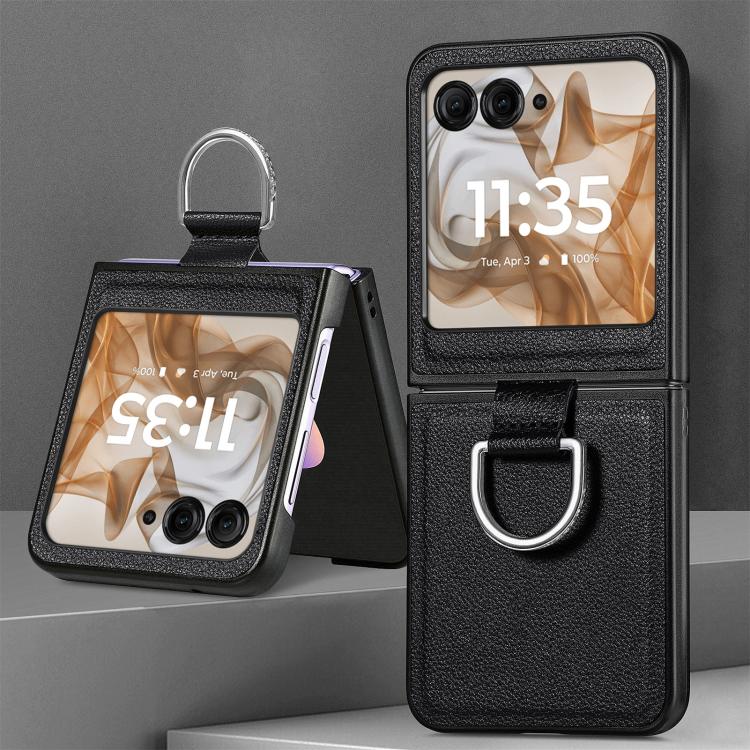 For Motorola Razr 50 Litchi Texture Leather Ring Fold Phone Case(Black) by buy2fix