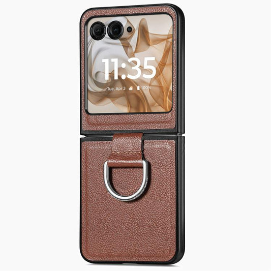 For Motorola Razr 50 Litchi Texture Leather Ring Fold Phone Case(Brown) by buy2fix